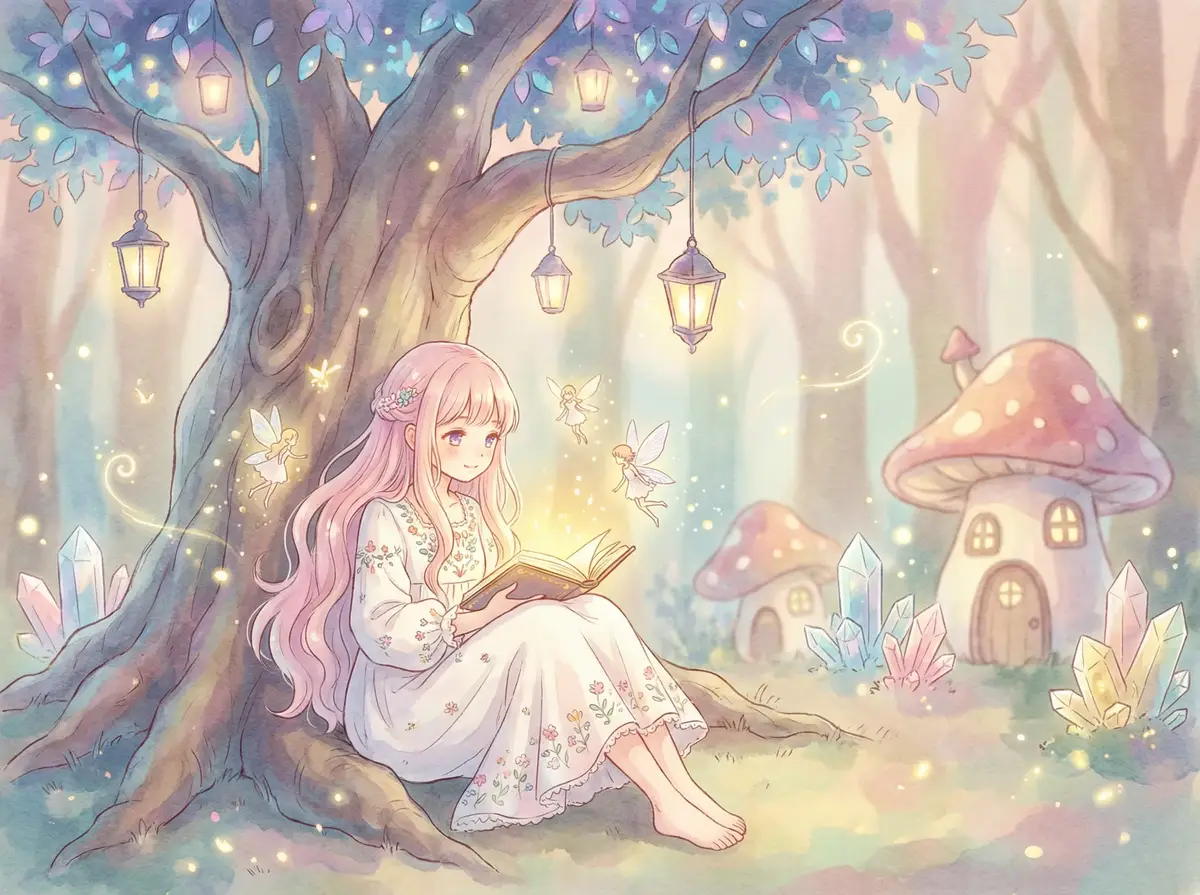将夜免费神马影院 - 魔法森林中阅读故事书的粉发少女与精灵